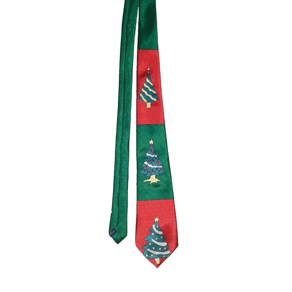 Keith Daniels Christmas Tie Mens Green Red Shiny Christmas Trees Holiday Silk